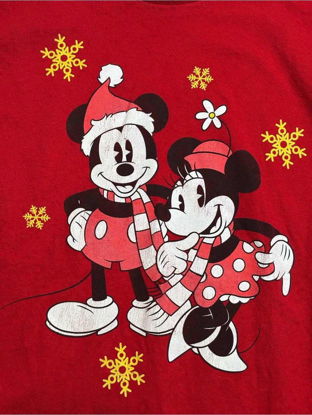 Disney Mickey Minnie Christmas T-Shirt Women's M Red Holiday Snowflake Graphic